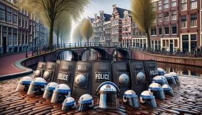 Politiehelmen en -schilden op de grond in Amsterdam.