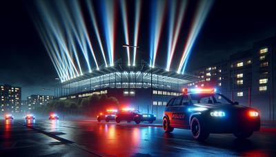 Luci della polizia di notte con uno stadio di calcio.