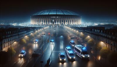 Présence policière près d'un stade à Paris la nuit.