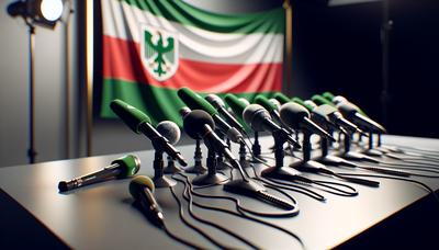 Polizeipressekonferenz mit Mikrofonen und NRW-Flagge