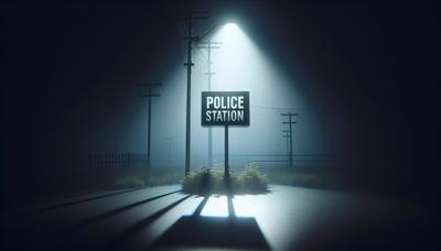 Insegna della stazione di polizia di notte con illuminazione cupa.