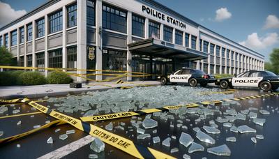 Polizeistation mit zerbrochenem Glas und Absperrband