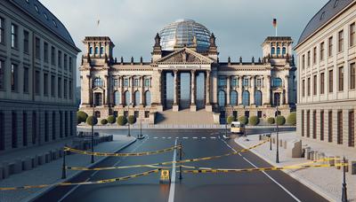 Polizeiband vor einem Regierungsgebäude in Berlin.