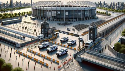 Véhicules de police et barrières près d'une entrée de stade.