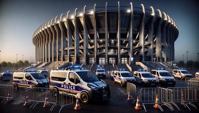 Véhicules de police et barrières devant un stade de Paris.