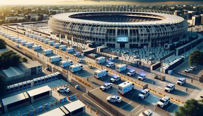 Véhicules de police et barrières à l'extérieur d'un stade.