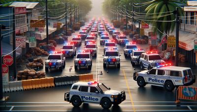 Vehículos policiales en una tensa protesta en Nueva Caledonia.