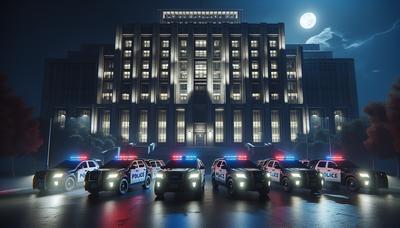 Vehículos policiales frente a edificio gubernamental por la noche.