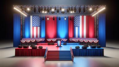 Palco di comizio politico con bandiere rosse e blu a contrasto.