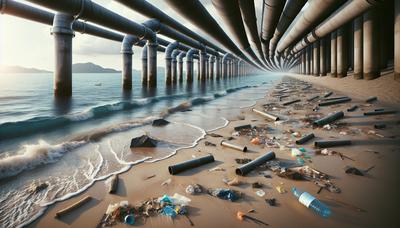 Playa contaminada con tuberías de desagüe y agua turbia.