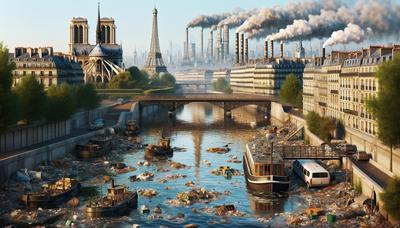 Rivière polluée avec des monuments parisiens en arrière-plan