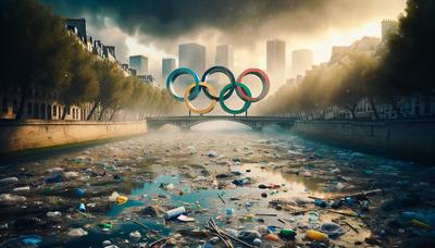 Seine polluée avec des anneaux olympiques en arrière-plan