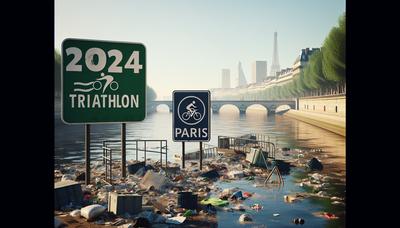 Seine polluée avec le panneau de triathlon Paris 2024