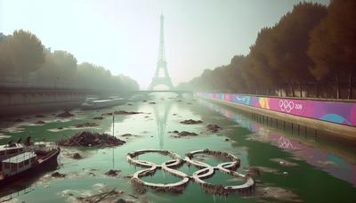 Seine polluée avec des panneaux des Jeux olympiques de Paris.