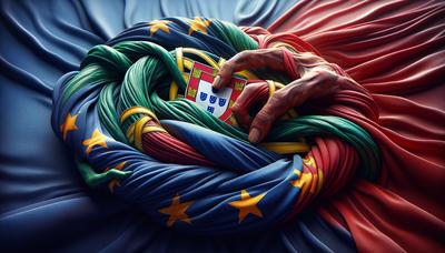 Bandera de Portugal y bandera de la Unión Europea entrelazadas juntas.