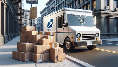 Camion postal, étiquette de prix, et pile de colis