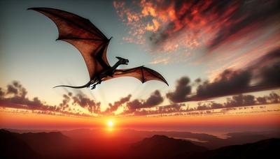 Reptile préhistorique planant avec des ailes semblables à celles d'une chauve-souris au coucher du soleil.