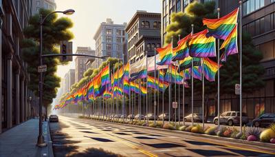 Pride Walk met vlaggen behalve de Israëlische vlag zichtbaar.