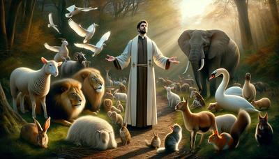 Sacerdote bendiciendo a un grupo diverso de animales al aire libre.