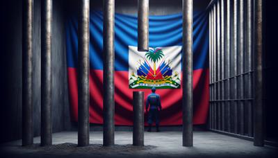 Barras de prisión con la bandera haitiana de fondo