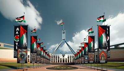 Bandeiras pró-Palestina em frente ao Parlamento da Austrália.