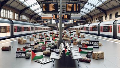 'Pro-Palestijnse protestborden op druk treinstation.'