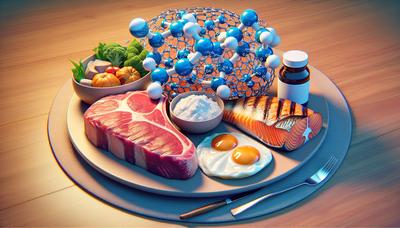 Alimentos ricos em proteínas e gorduras ao lado de ilustração de molécula de insulina