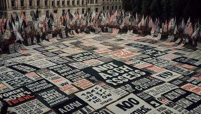 Protestbanner mit Parolen gegen politische Koalition.