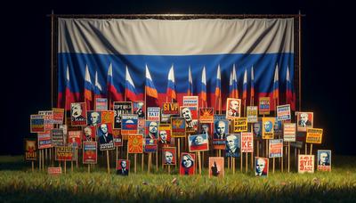 Carteles de protesta contra Putin frente a la bandera rusa.