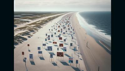 Protestschilder entlang der Küste von Borkum gegen Gasbohrungen.