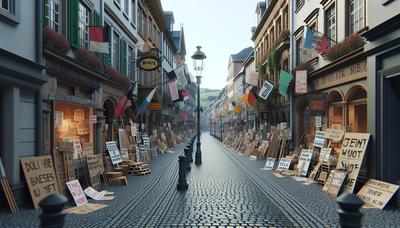 Protestschilder und Banner in den belebten Straßen von Marburg.