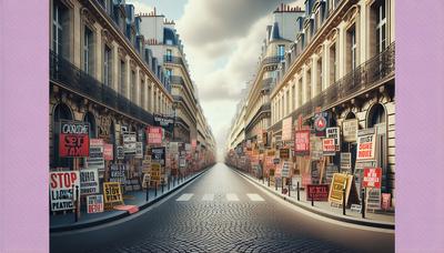 Pancartes et banderoles de protestation dans une rue de Paris.