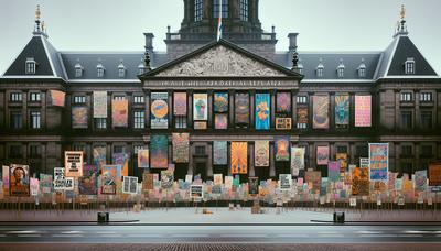 Protestborden en spandoeken buiten het Nederlandse overheidsgebouw.