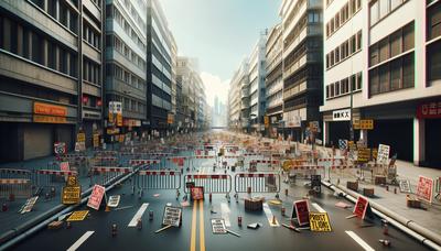 Protestborden en barricades op een stadsstraat.