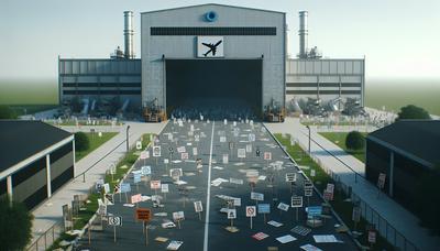 Placas de protesto e entrada da fábrica da Boeing ao fundo.