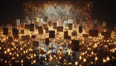 Placas de protesto e velas em uma vigília