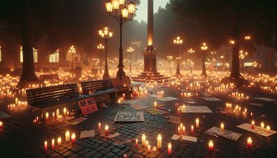 Panneaux de protestation et bougies sur la place publique.