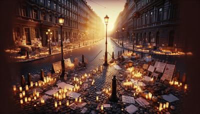 Pancartes de protestation et bougies dans une rue de la ville.