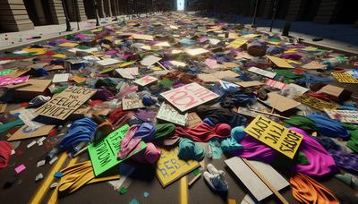 Placas de protesto e hijabs descartados no chão.