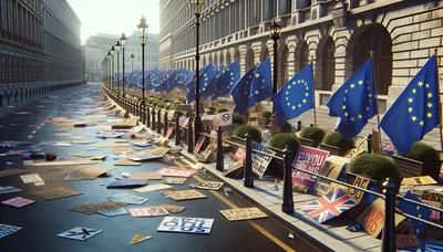 Panneaux de protestation et drapeaux de l'UE dans la rue.