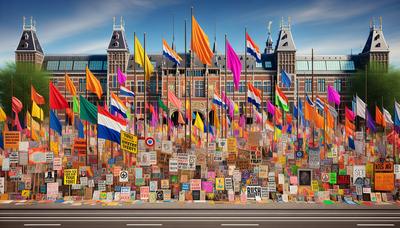 Protestborden en vlaggen bij een herkenbaar gebouw in Amsterdam.