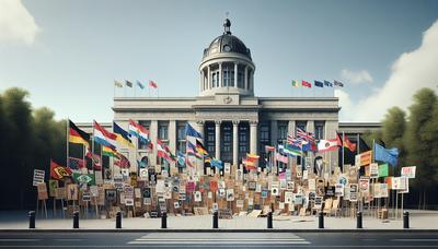 Pancartes de protestation et drapeaux devant un bâtiment gouvernemental.