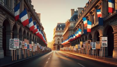 Pancartes de protestation et drapeaux français dans la rue de la ville.