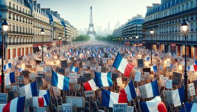 "Panneaux de protestation et drapeaux français dans les rues de Paris."