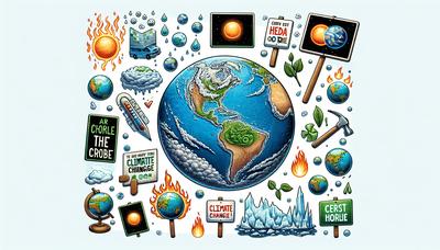 Carteles de protesta y globo que ilustran preocupaciones sobre el cambio climático.