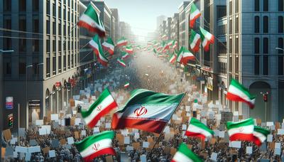 Cartelli di protesta e bandiere iraniane tra le strade affollate.