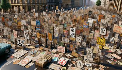 Protestschilder und Friedenssymbole auf den Straßen Berlins.