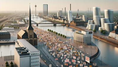 Protestschilder Banner in der städtischen Landschaft von Düsseldorf.