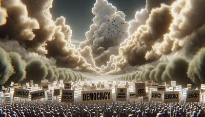 Carteles de protesta exigiendo democracia bajo un cielo nublado.