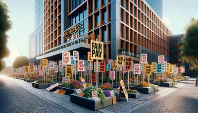 Carteles de protesta exigiendo un pago justo afuera de un hotel.